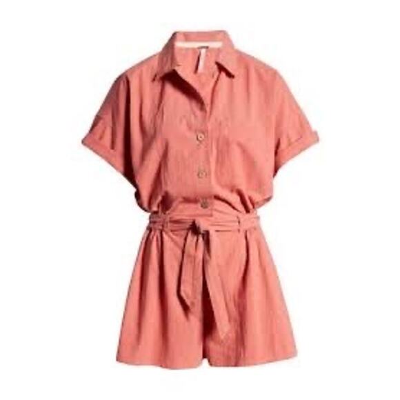 Free People Romper Coral Size XS Button Down Short Sleeve Belted Sinched Waist - Picture 13 of 13
